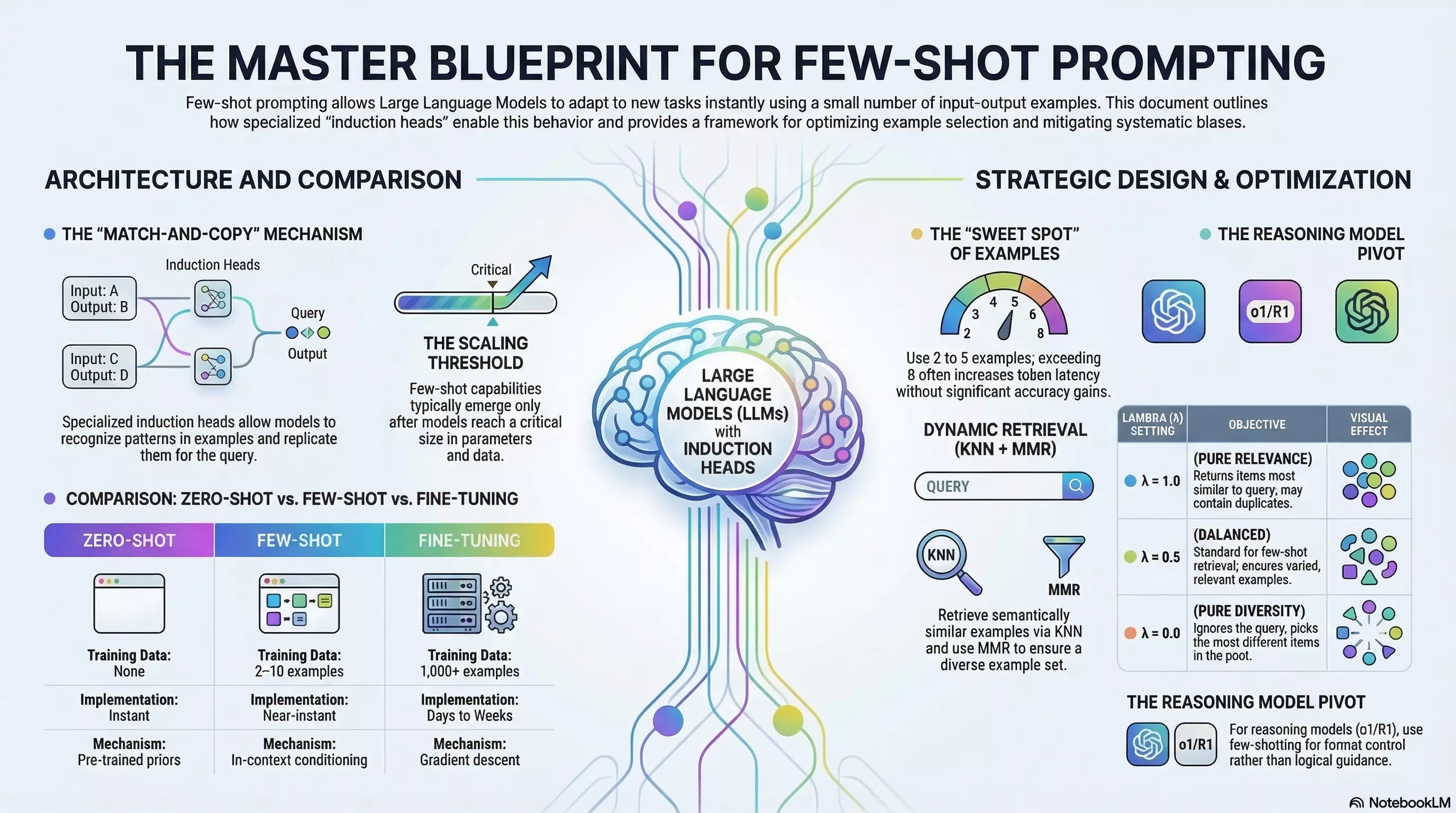 The Master Blueprint for Few-Shot Prompting - An infographic showing the match-and-copy mechanism, scaling threshold, and strategic design principles