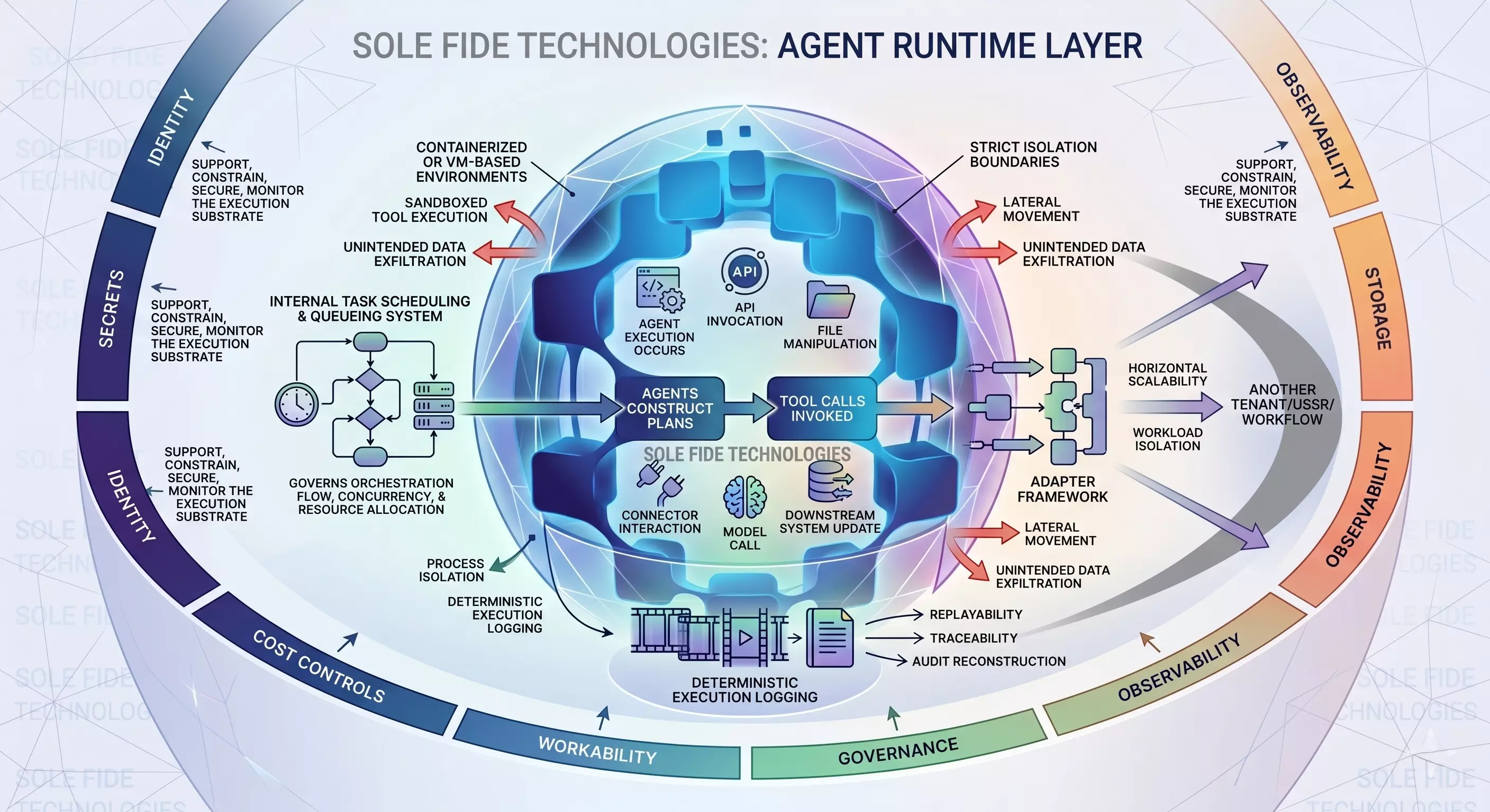 Sola Fide Technologies Agent Runtime Layer — diagram showing identity, secrets, governance, cost controls, observability, storage, and isolation surrounding the agent execution core