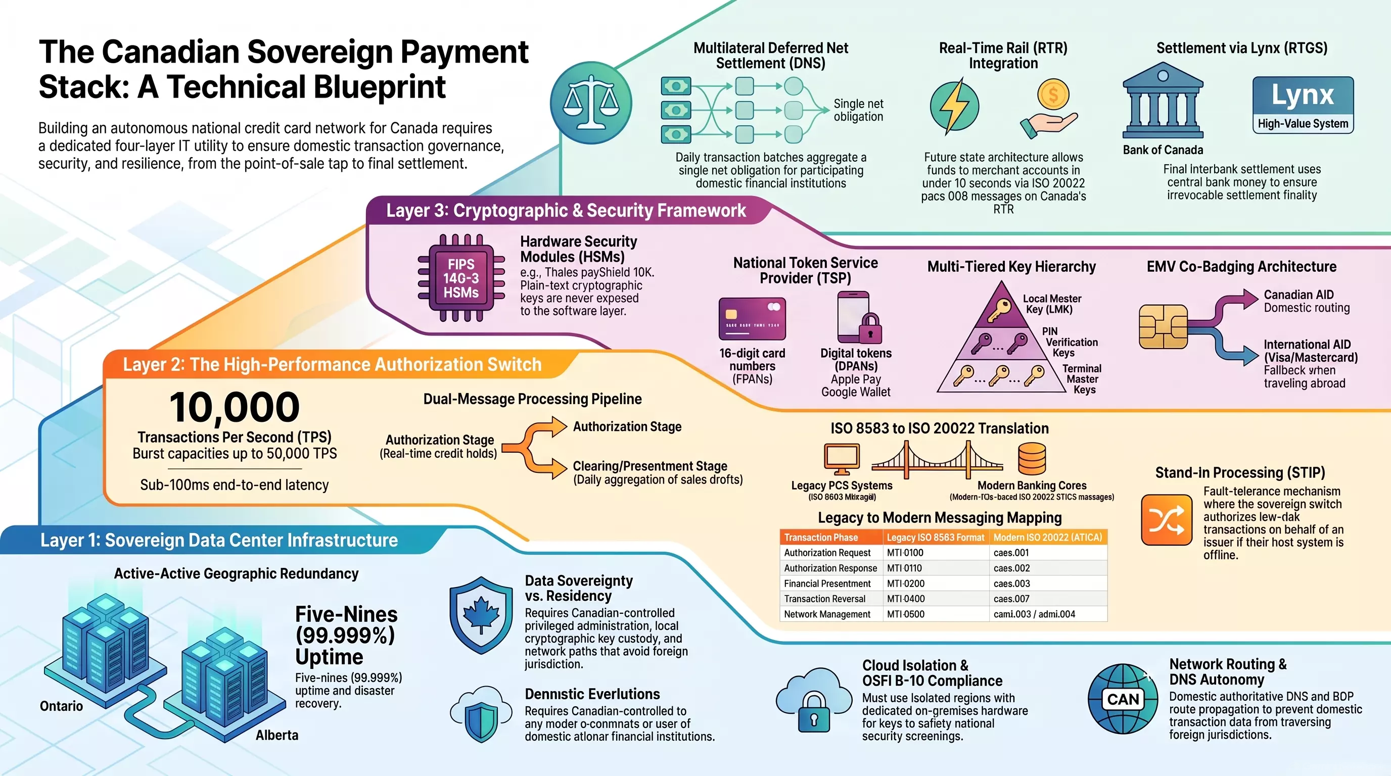 Infographic — The Canadian Sovereign Payment Stack: a technical blueprint for an autonomous national credit card network, arranged as four layers. Layer 1, sovereign data centre infrastructure: active-active geographic redundancy across Ontario and Alberta, five-nines uptime, Canadian-controlled privileged administration and local key custody, cloud isolation under OSFI B-10, and domestic authoritative DNS and route propagation so transaction data avoids foreign jurisdictions. Layer 2, the high-performance authorization switch: 10,000 transactions per second with bursts to 50,000 and sub-100ms end-to-end latency, a dual-message pipeline splitting real-time authorization from daily clearing and presentment, ISO 8583 to ISO 20022 translation with a mapping table from MTI codes to caes messages, and stand-in processing when an issuer's host is offline. Layer 3, the cryptographic and security framework: FIPS 140-3 hardware security modules, a national token service provider issuing digital tokens for Apple Pay and Google Wallet, a multi-tiered key hierarchy from local master key down to terminal master keys, and EMV co-badging that routes domestically on a Canadian AID while falling back to Visa or Mastercard abroad. The settlement layer on top: multilateral deferred net settlement aggregating daily batches into a single net obligation, Real-Time Rail integration using ISO 20022 pacs.008, and final interbank settlement in central bank money through the Bank of Canada's Lynx system.